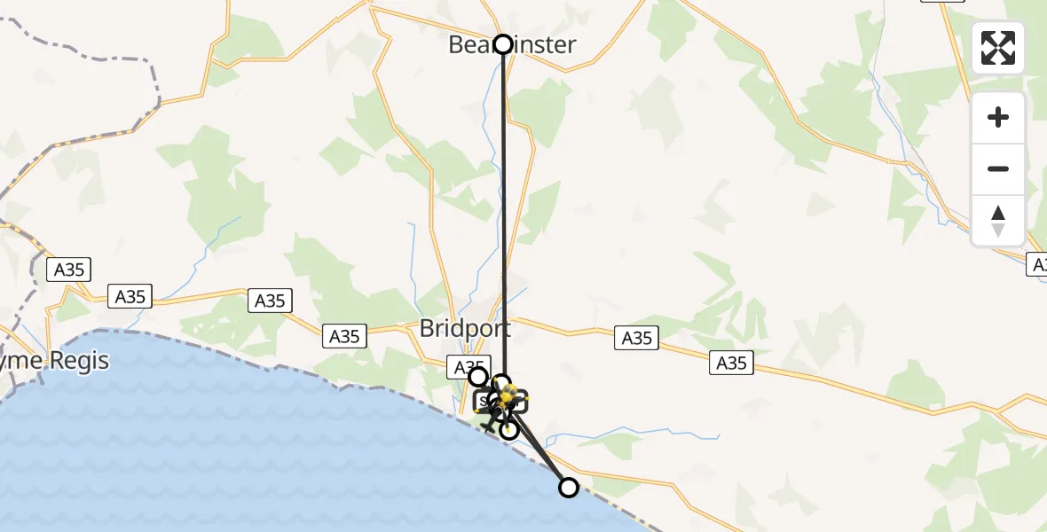 Flight path map showing Police Helicopter route from Bridport to Burton Bradstock