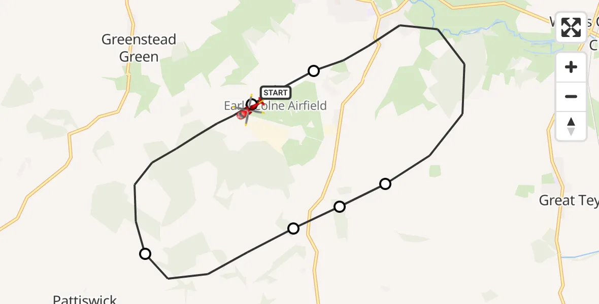 Flight path map showing Air Ambulance Helicopter route from Earls Colne Airfield to Earls Colne Airfield