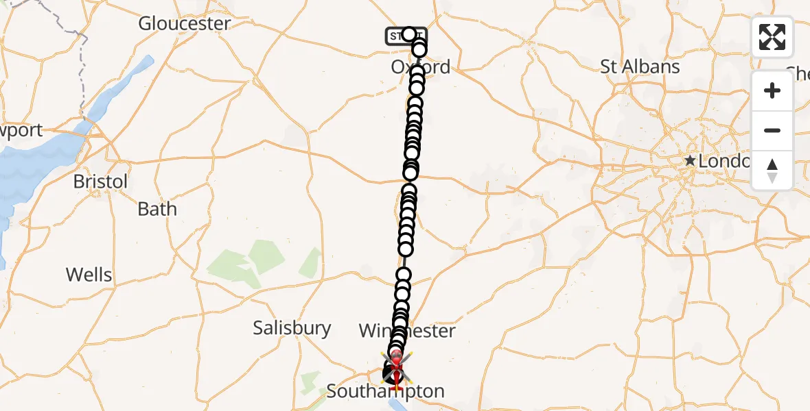 Flight path map showing Air Ambulance Helicopter route from London Oxford Airport to Southampton Airport