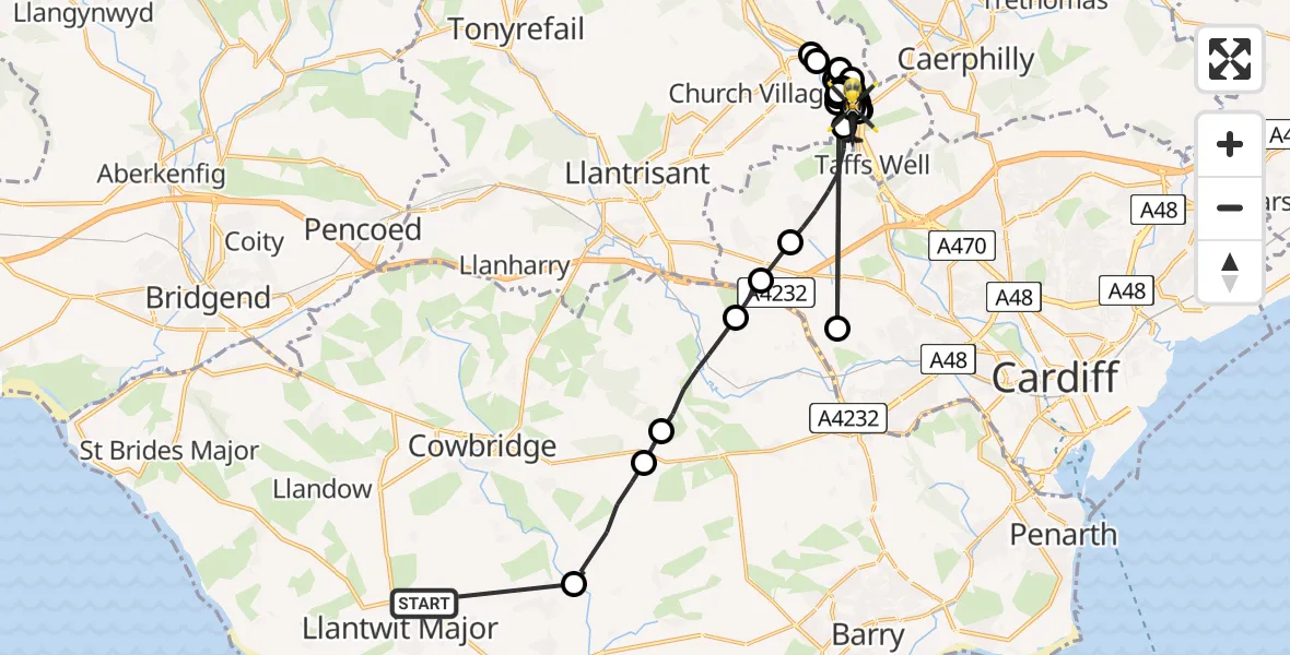 Flight path map showing Police Helicopter route from Llanmaes to Nantgarw