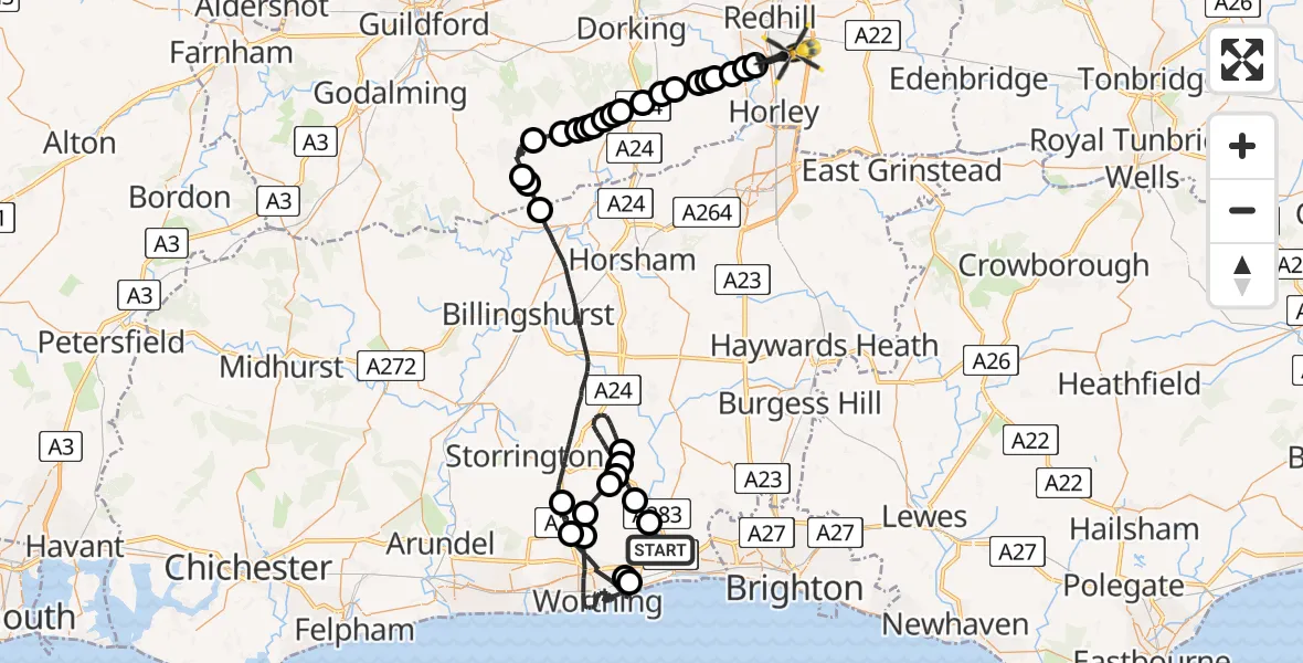 Routekaart van de vlucht: Police Helicopter to Salfords, Kings Mill Lane