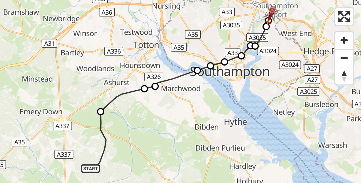 Flight path map showing Air Ambulance Helicopter route from New Forest to Mansbridge