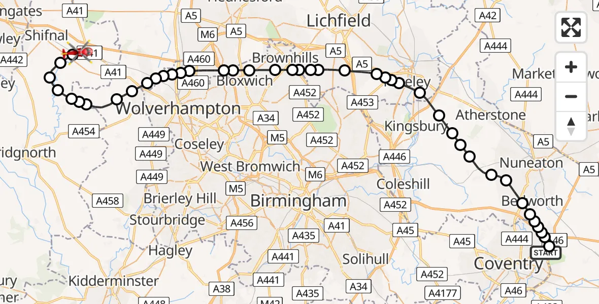 Flight path map showing Air Ambulance Helicopter route from University Hospital Coventry to Cosford