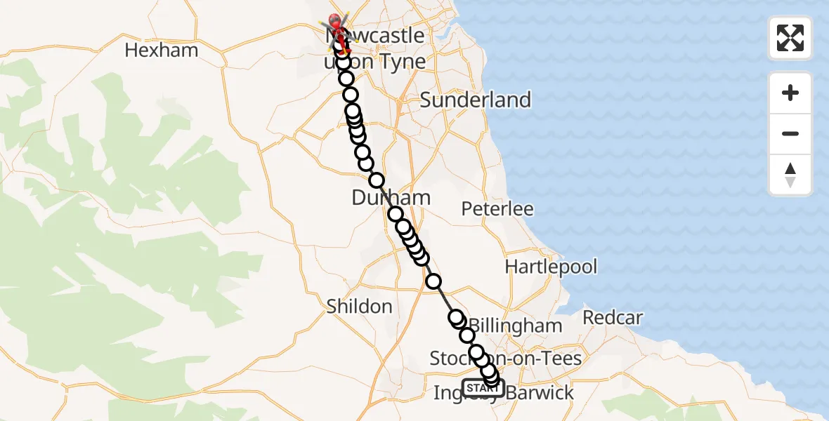 Flight path map showing Air Ambulance Helicopter route from Eaglescliffe to Denton Burn