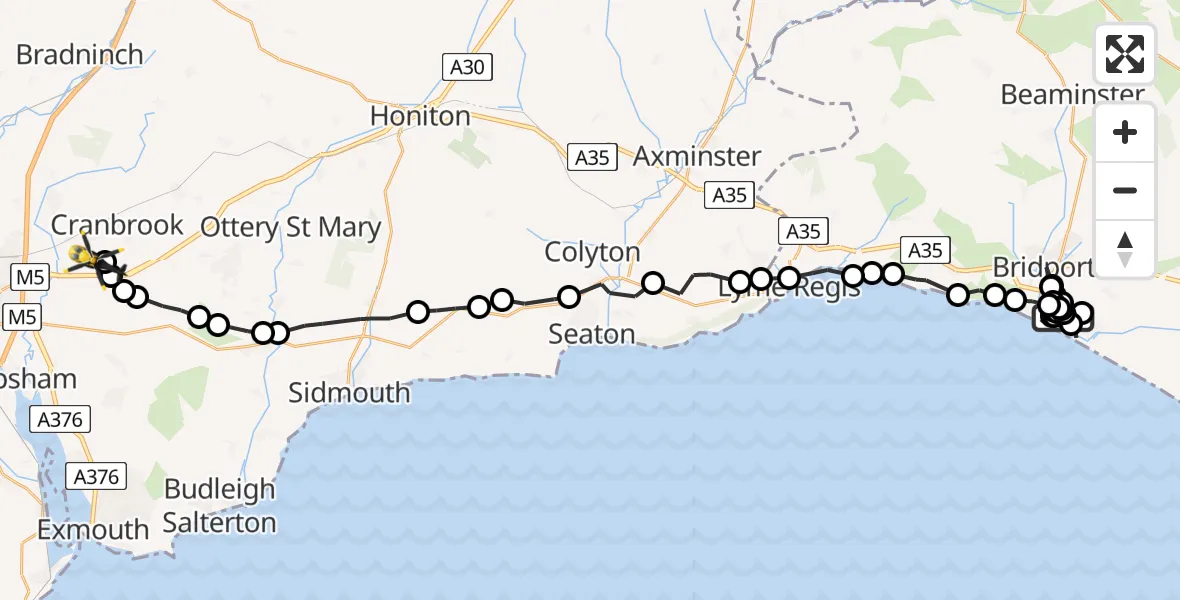 Flight path map showing Police Helicopter route from Burton Bradstock to Exeter International Airport