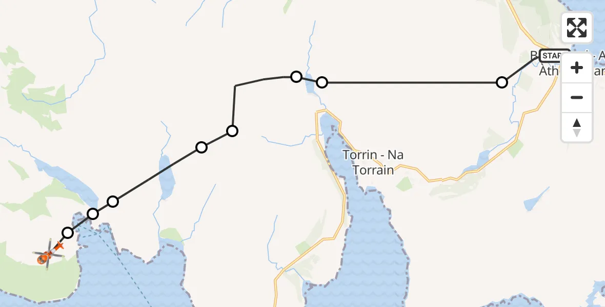 Flight path map showing Coastguard Helicopter route from Broadford - An t-Àth Leathann to Meall na Cuilce