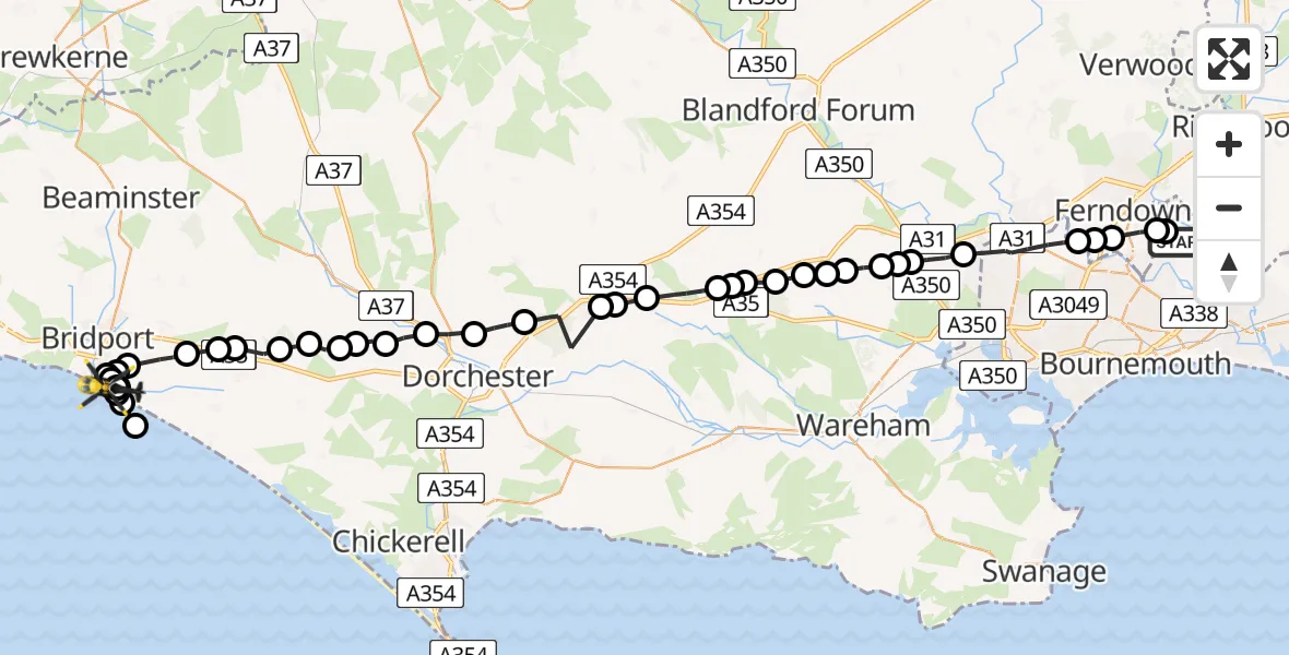 Flight path map showing Police Helicopter route from Bournemouth Airport to Bridport