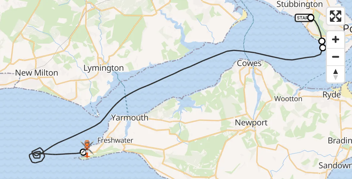 Flight path map showing Coastguard Helicopter route from Solent Airport to Totland