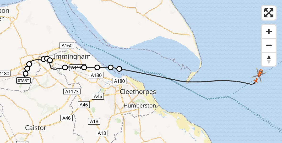 Flight path map showing Coastguard Helicopter route from Humberside Airport to North Sea