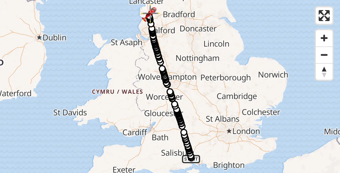 Flight path map showing Air Ambulance Helicopter route from Southampton Airport to Preston