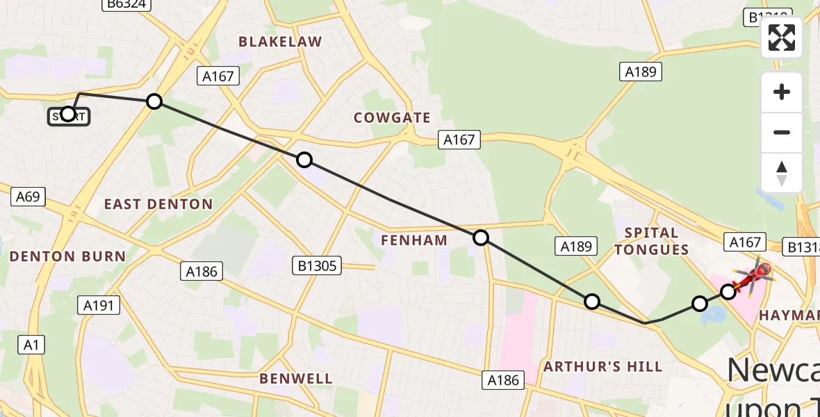 Flight path map showing Air Ambulance Helicopter route from Blakelaw to Newcastle Royal Victoria Infirmary