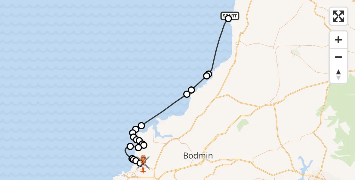 Flight path map showing Coastguard Helicopter route from Morwenstow to Cornwall Airport Newquay