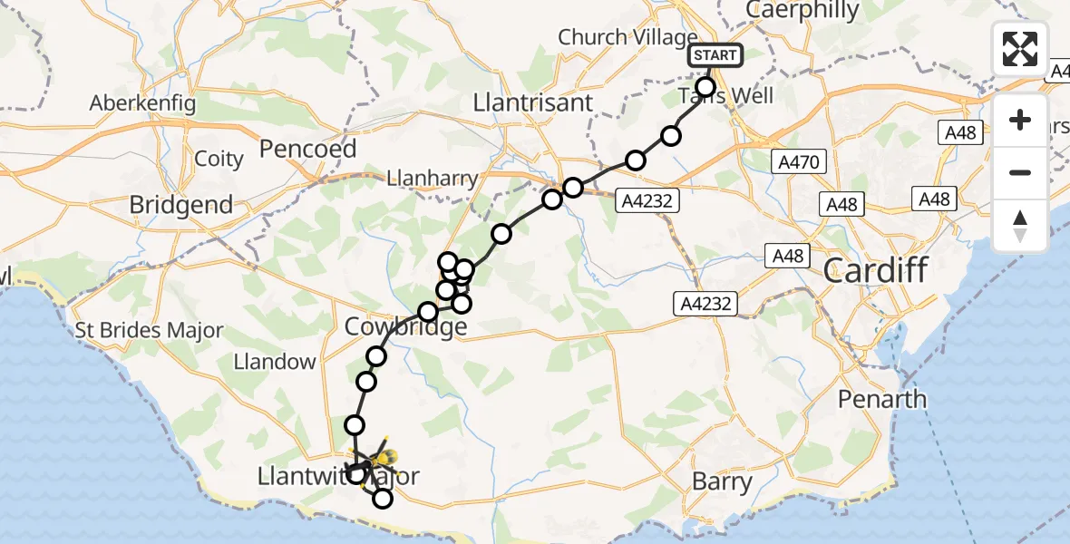 Flight path map showing Police Helicopter route from Nantgarw to Boverton