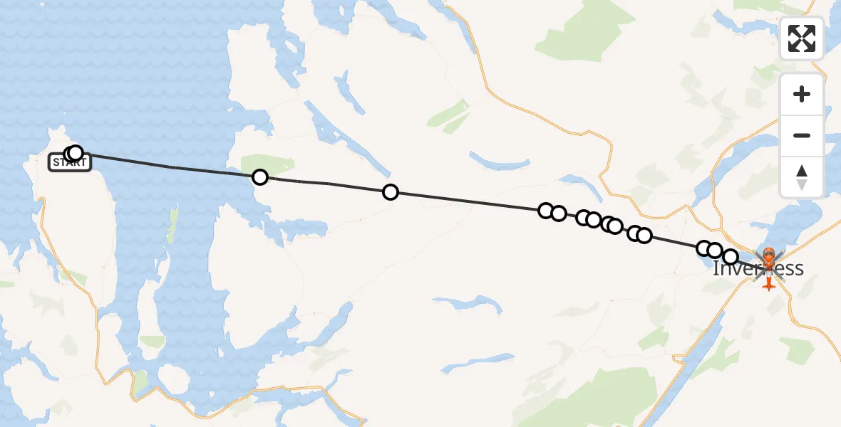 Flight path map showing Coastguard Helicopter route from Kilmuir to Inverness