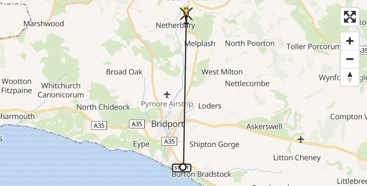 Flight path map showing Police Helicopter route from Burton Bradstock to Beaminster