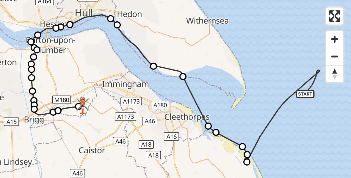 Flight path map showing Coastguard Helicopter route from North Sea to Humberside Airport