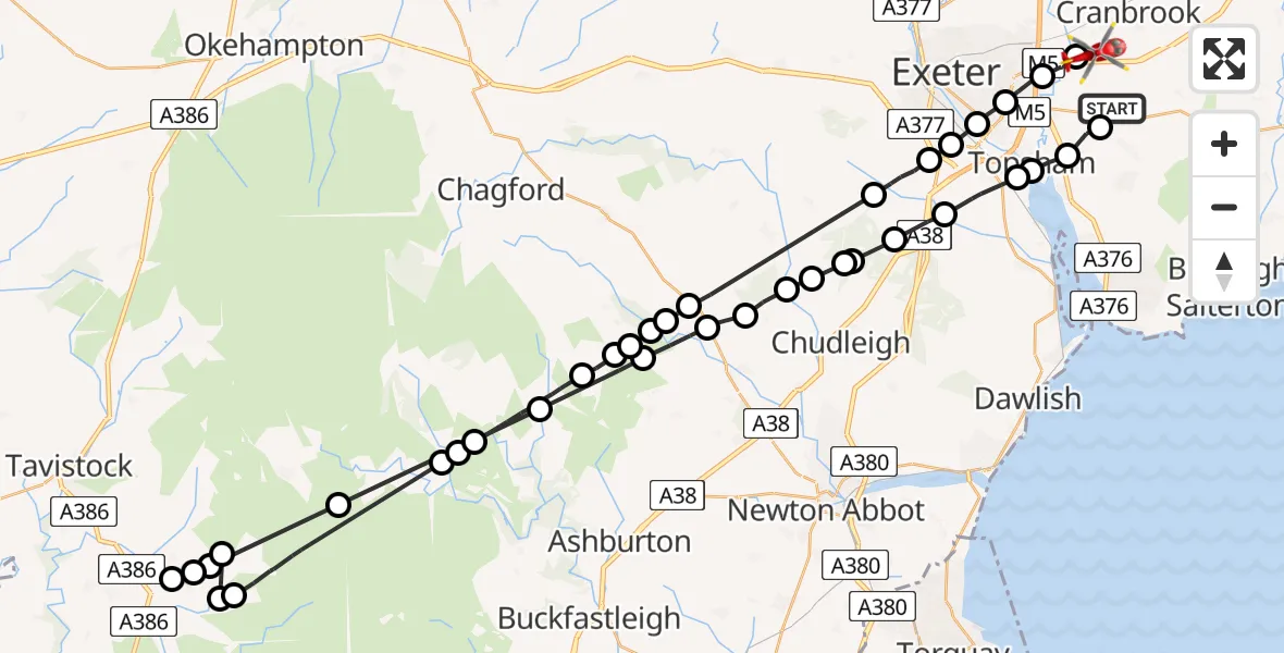 Flight path map showing Air Ambulance Helicopter route from East Devon to Exeter International Airport
