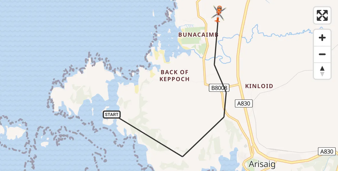 Flight path map showing Coastguard Helicopter route from Inner Seas to Inner Seas