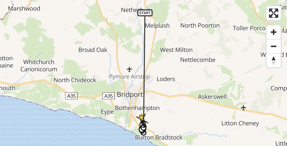 Flight path map showing Police Helicopter route from Melplash to Burton Bradstock