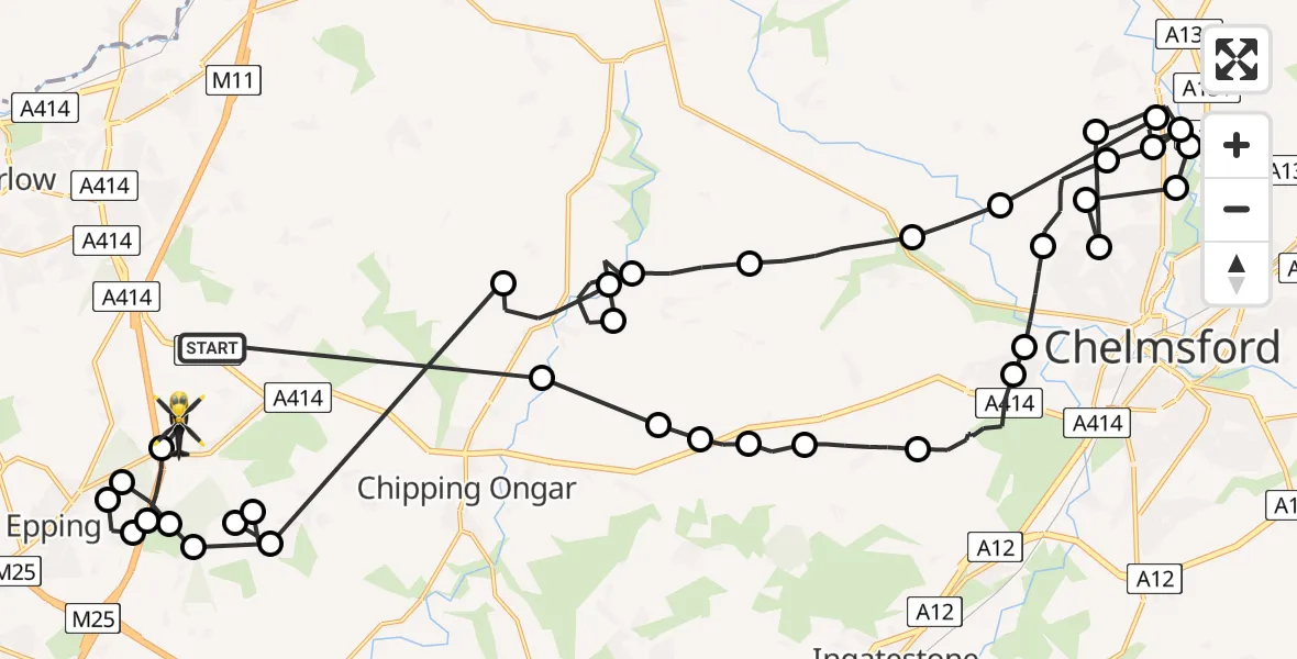 Flight path map showing Police Helicopter route from North Weald Bassett to North Weald Airfield