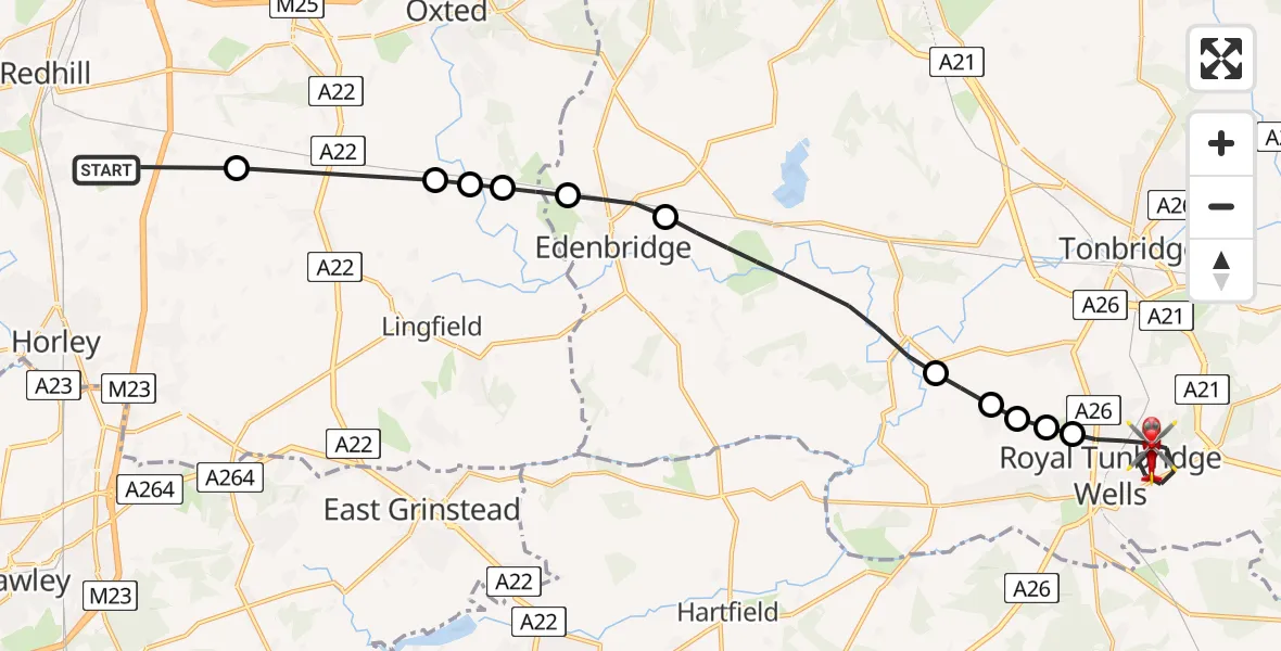 Flight path map showing Air Ambulance Helicopter route from Redhill Aerodrome to Royal Tunbridge Wells