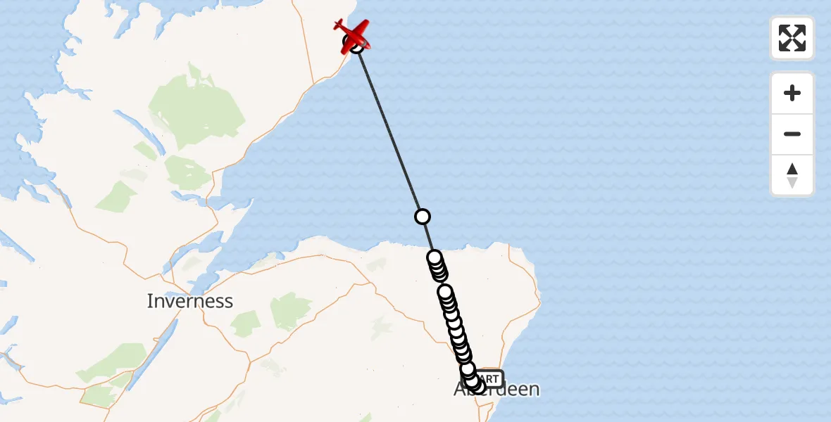 Flight path map showing Air Ambulance Aircraft route from Aberdeen International Airport to Wick John O'Groats Airport