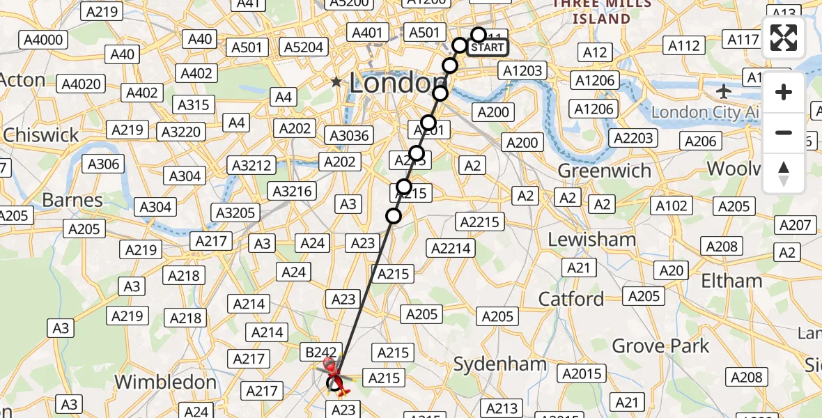 Flight path map showing Air Ambulance Helicopter route from Royal London Hospital to Streatham