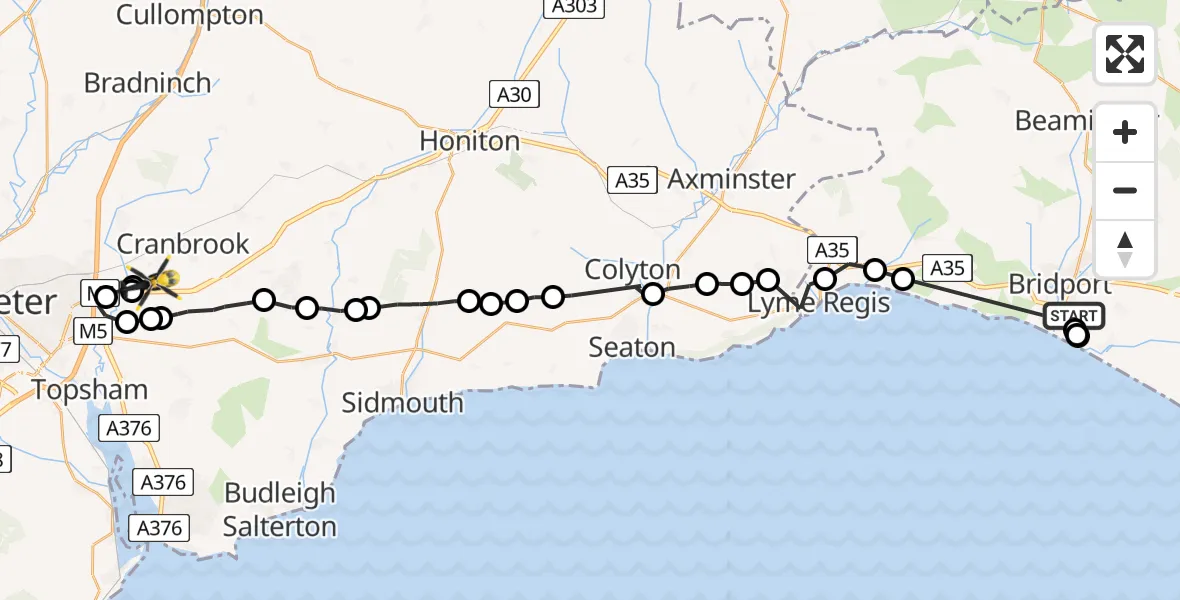 Flight path map showing Police Helicopter route from Bridport to Exeter International Airport