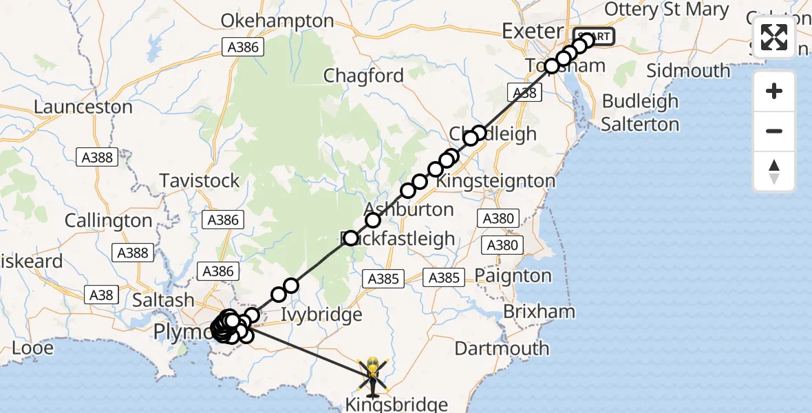 Flight path map showing Police Helicopter route from East Devon to Aveton Gifford