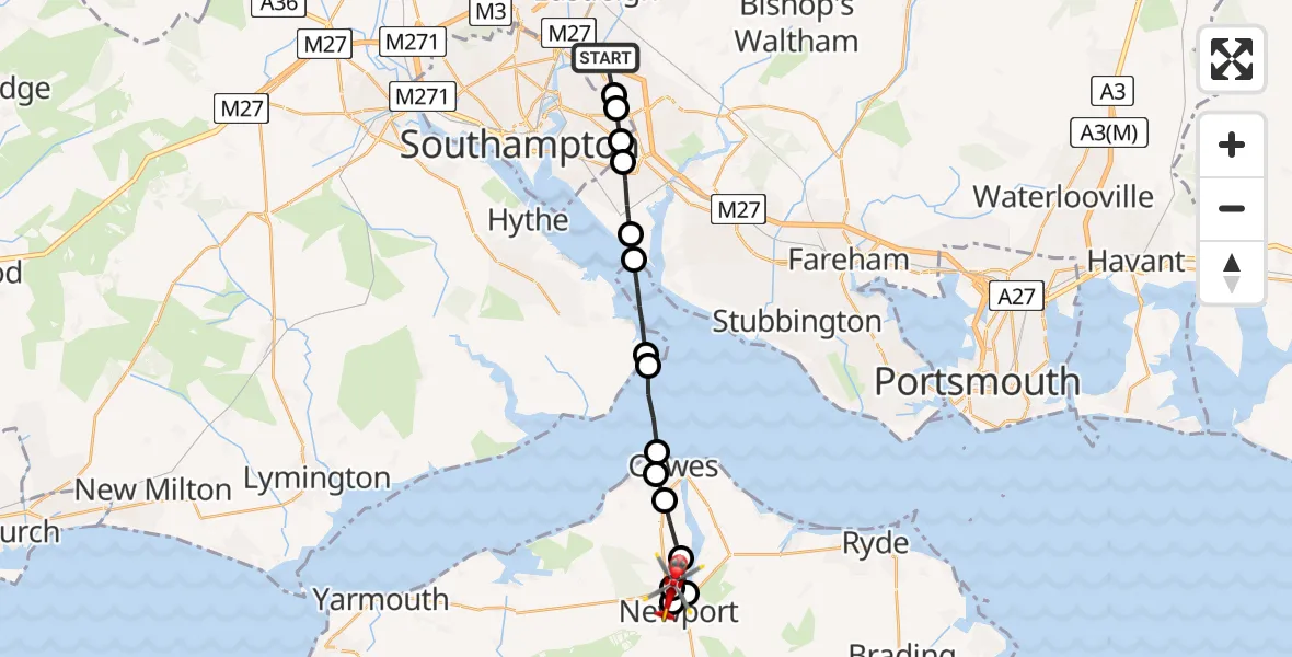 Flight path map showing Air Ambulance Helicopter route from Hedge End to St Marys Hospital Isle Of Wight