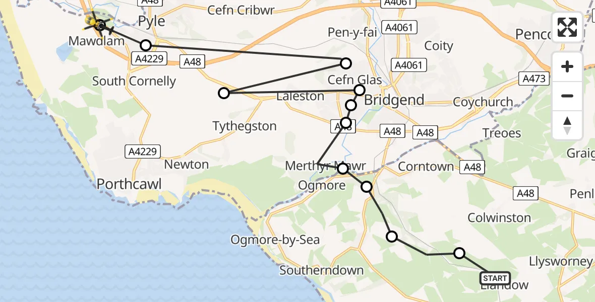 Flight path map showing Police Helicopter route from Llandow to Mawdlam
