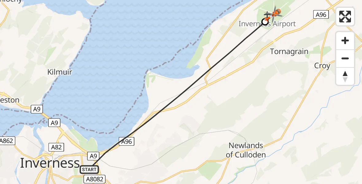 Flight path map showing Coastguard Helicopter route from Inverness to Inverness Airport