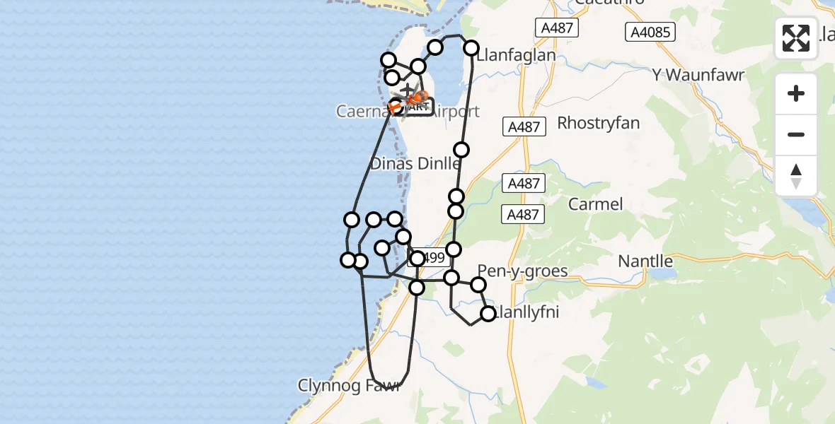 Flight path map showing Coastguard Helicopter route from Caernarfon Airport to Caernarfon Airport
