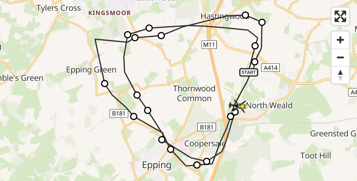 Flight path map showing Police Helicopter route from North Weald Airfield to North Weald Airfield