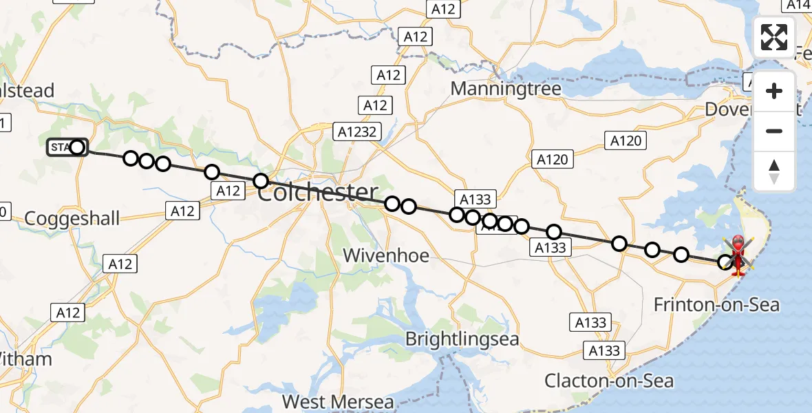 Flight path map showing Air Ambulance Helicopter route from Earls Colne Airfield to Walton-on-the-Naze