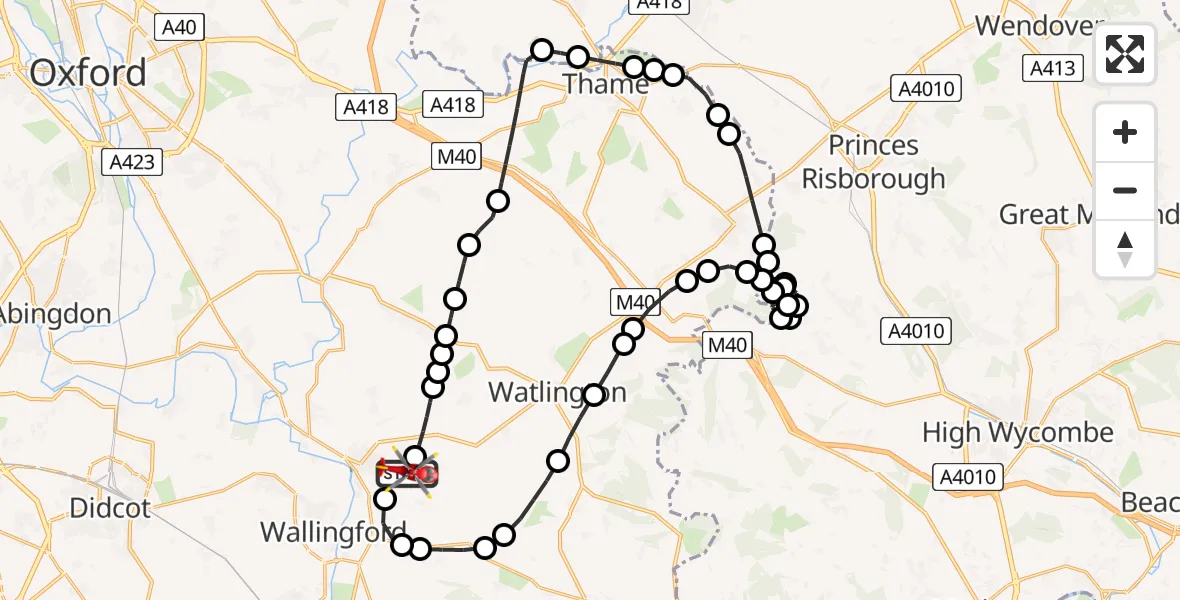 Flight path map showing Air Ambulance Helicopter route from RAF Benson to RAF Benson