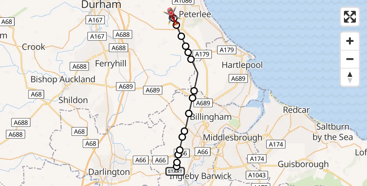 Flight path map showing Air Ambulance Helicopter route from Egglescliffe to Shotton Colliery