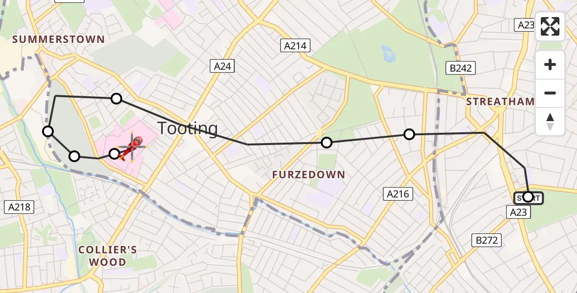 Flight path map showing Air Ambulance Helicopter route from Streatham to St Georges Hospital