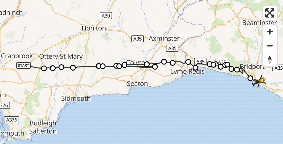 Flight path map showing Police Helicopter route from Rockbeare to Bridport