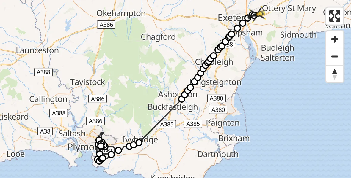 Flight route Police Helicopter Elburton Village - Exeter International Airport, 28 April 2026, 15:45
