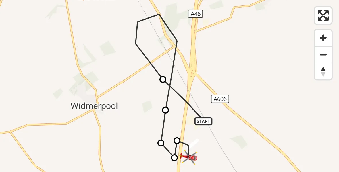 Flight path map showing Air Ambulance Helicopter route from Rushcliffe to Nottingham Heliport