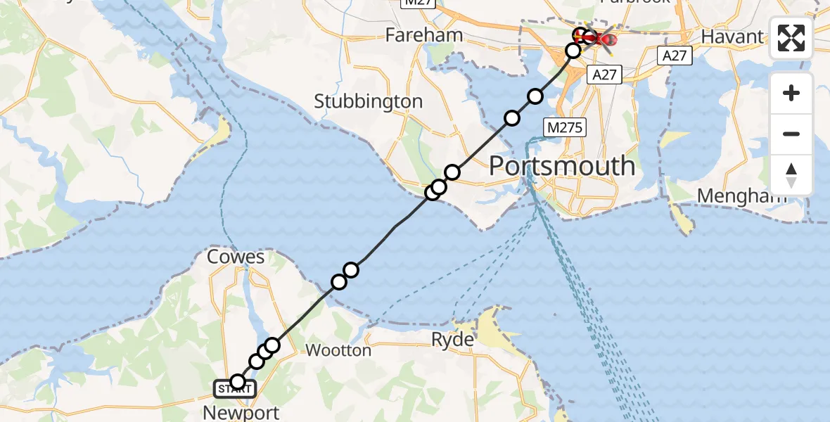Flight route Air Ambulance Helicopter St Marys Hospital Isle Of Wight - Queen Alexandra Hospital, 28 April 2026, 15:59