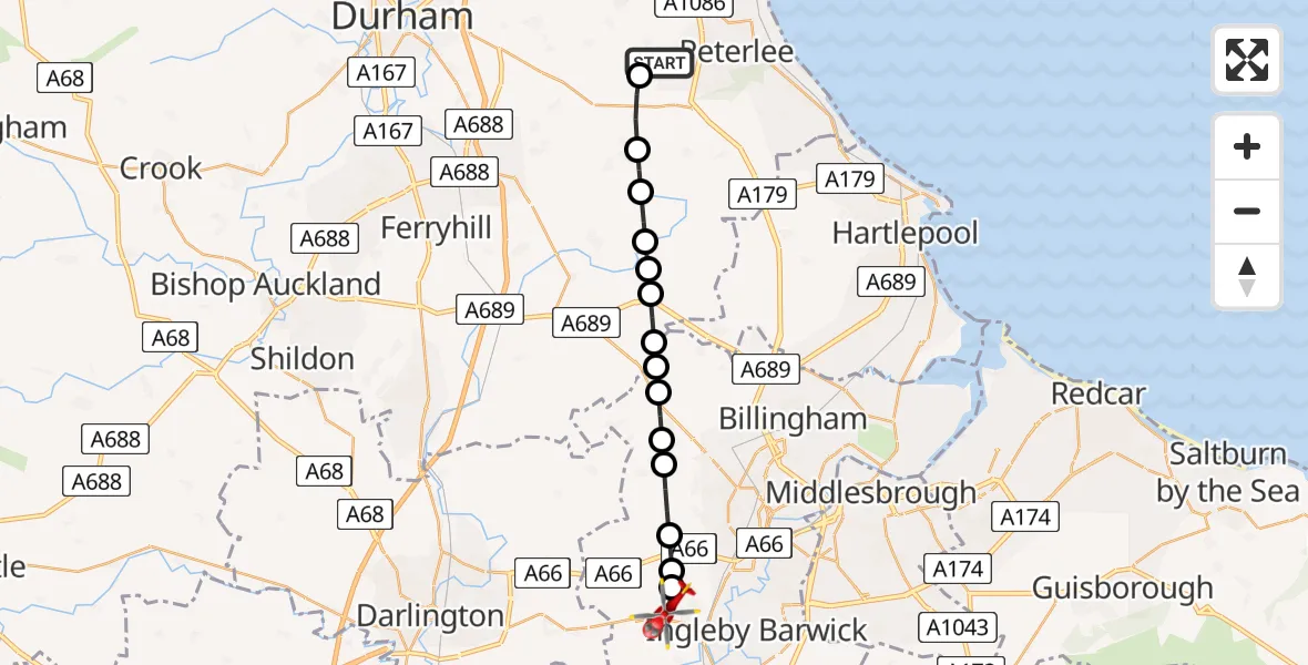 Flight path map showing Air Ambulance Helicopter route from Shotton Colliery to Egglescliffe