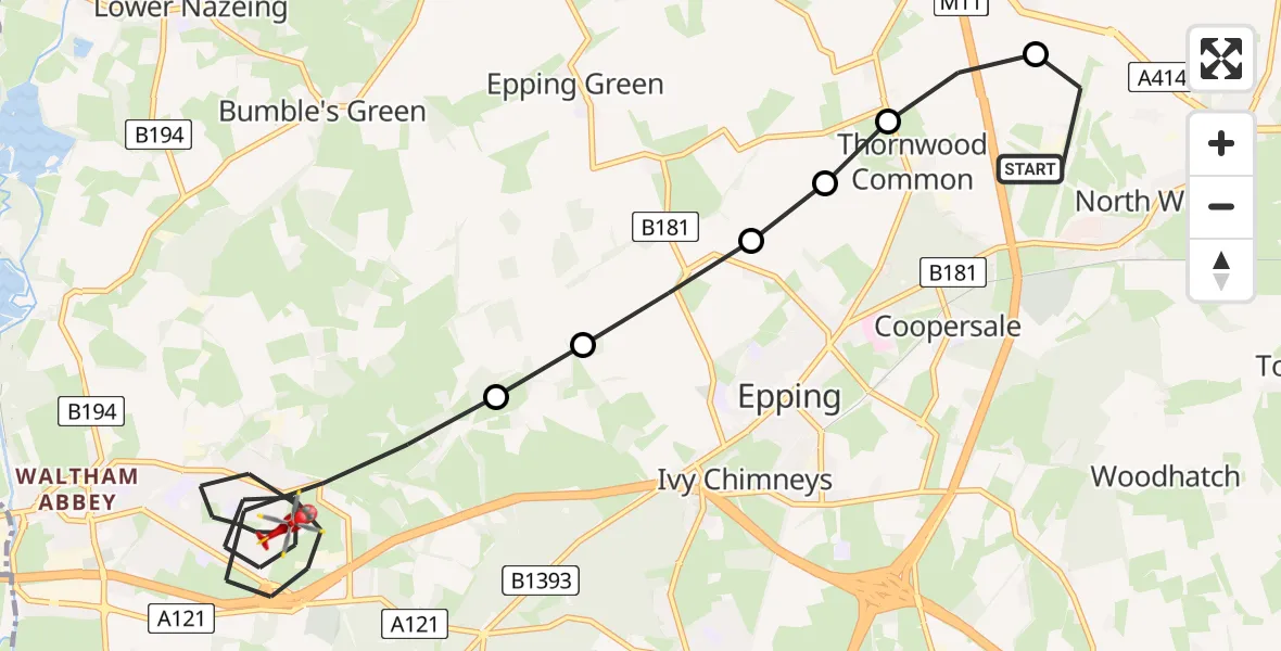 Flight path map showing Air Ambulance Helicopter route from North Weald Airfield to Epping Forest