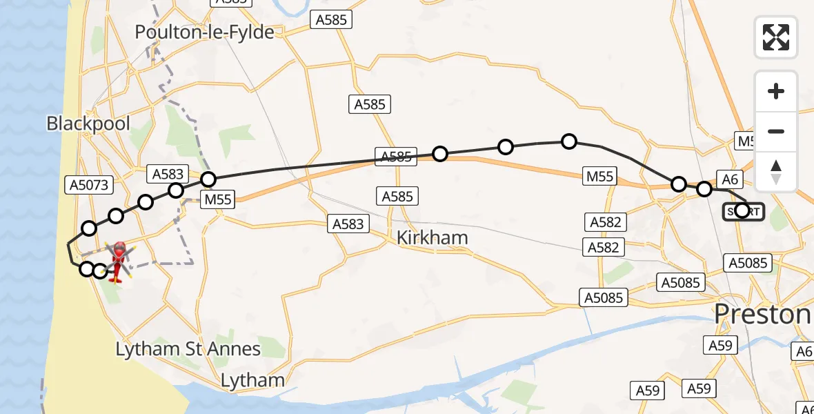 Flight path map showing Air Ambulance Helicopter route from Royal Preston to Blackpool Airport