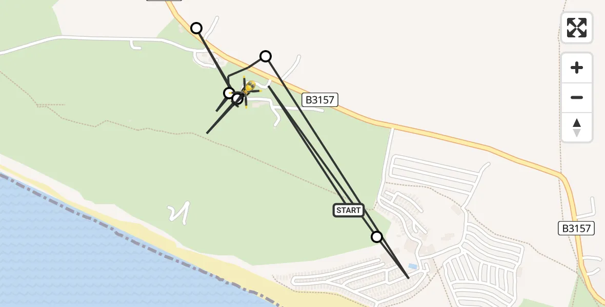Flight path map showing Police Helicopter route from Burton Bradstock to Bridport