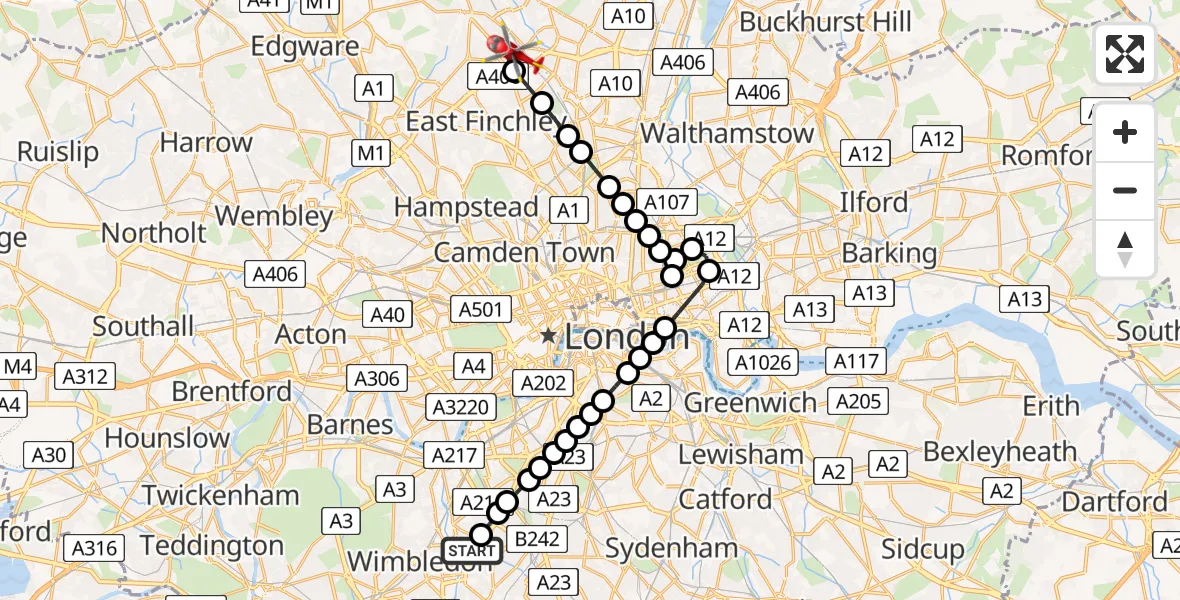 Flight path map showing Air Ambulance Helicopter route from St Georges Hospital to Colney Hatch