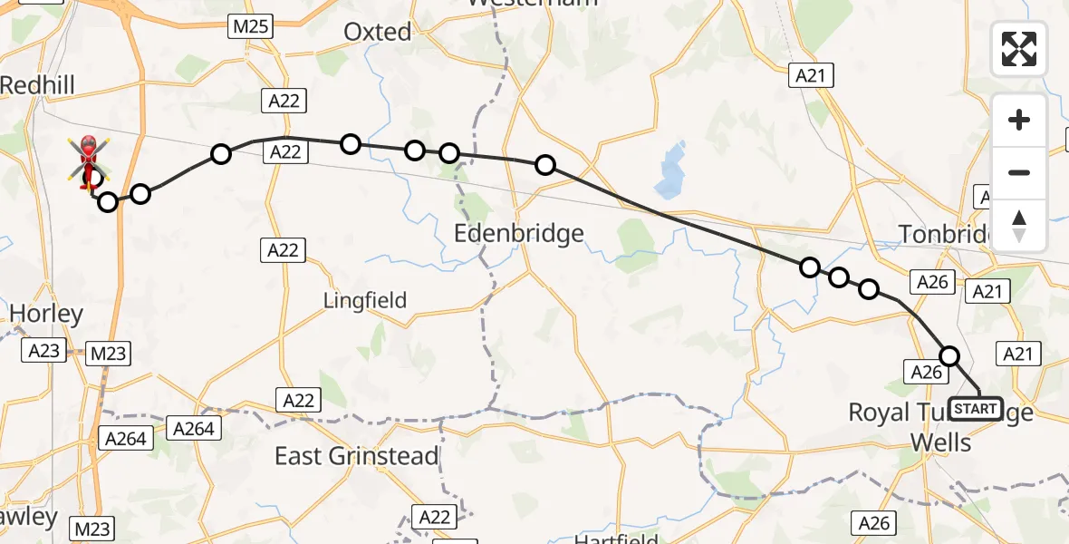 Flight path map showing Air Ambulance Helicopter route from Royal Tunbridge Wells to Redhill Aerodrome