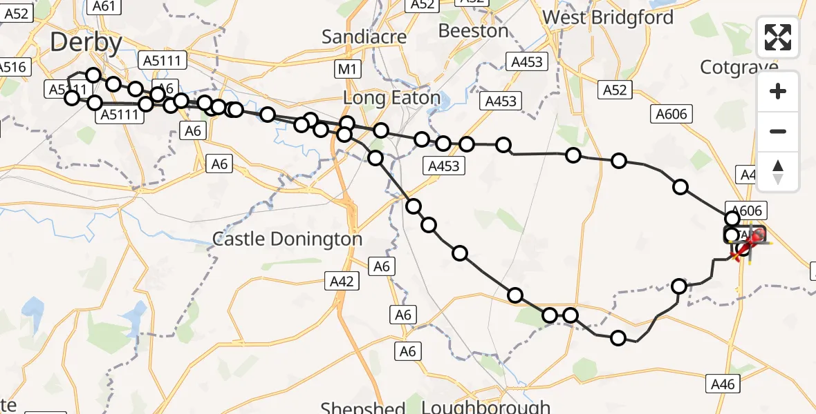 Flight path map showing Air Ambulance Helicopter route from Rushcliffe to Nottingham Heliport
