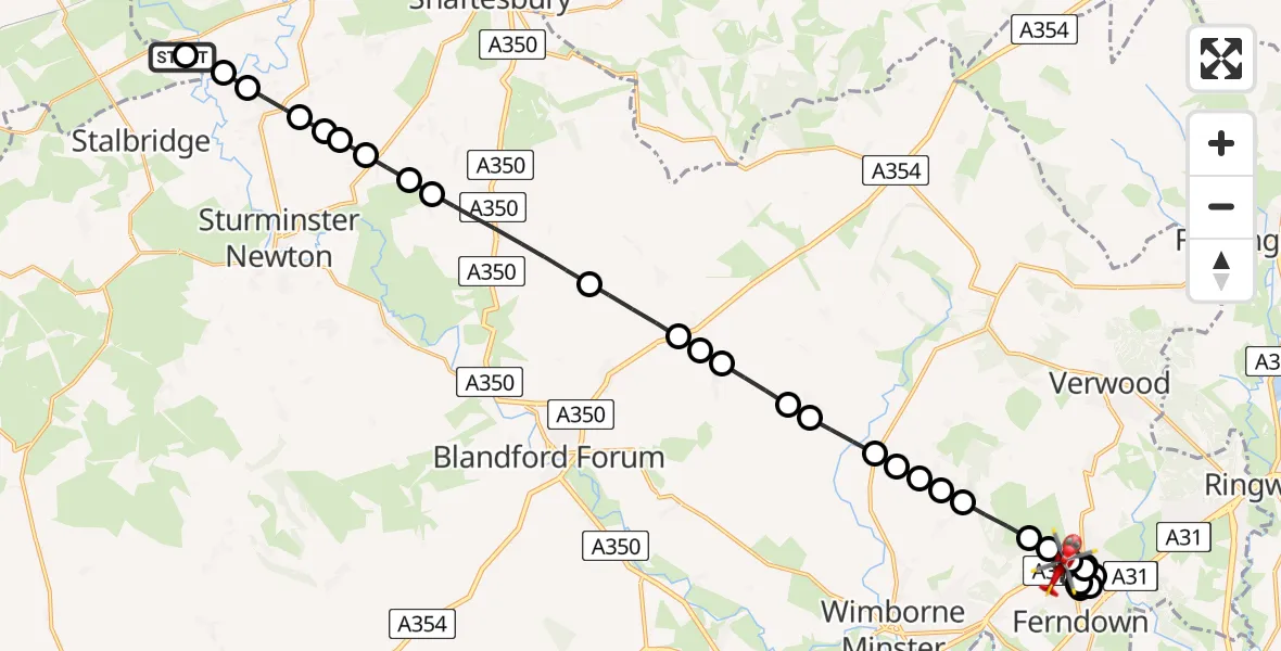 Flight path map showing Air Ambulance Helicopter route from Henstridge Airfield to Ameysford